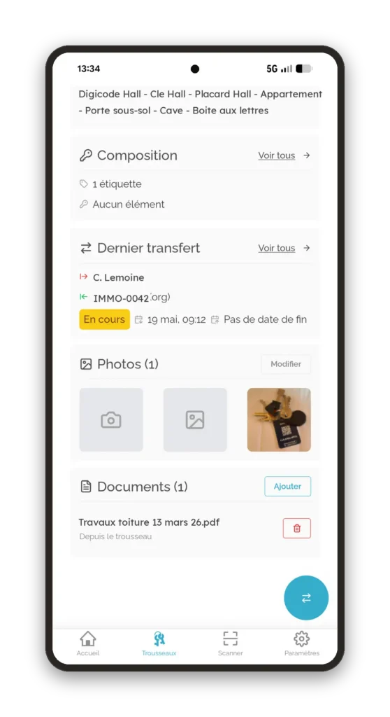 Fiche objet dans l'application Tarao avec la photo de l'étiquette QR code apposée sur le trousseau